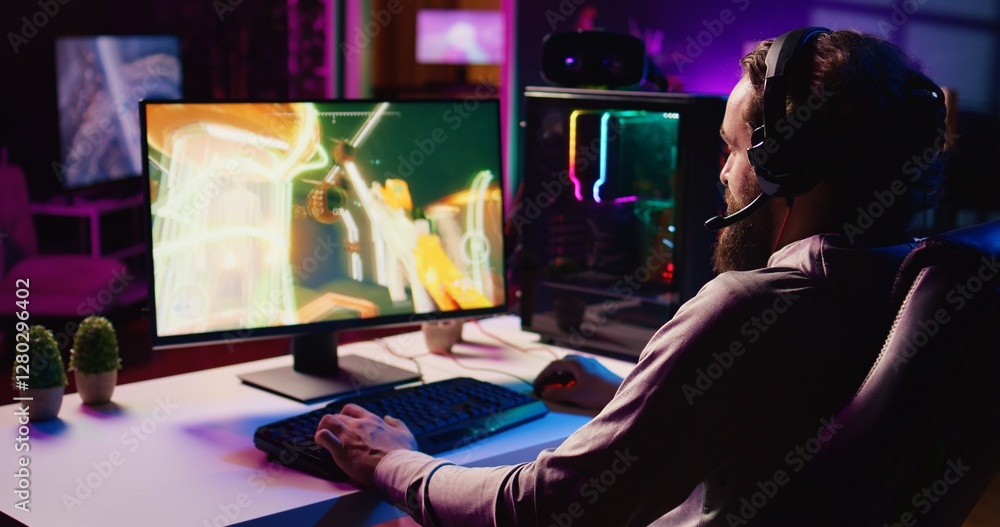 Poster man using headphones mic to communicate with teammates while playing fps videogame with gun shooting