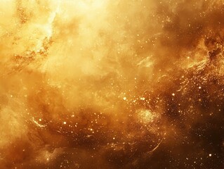 Abstract golden cosmic background with sparkling stars, glowing dust, and ethereal swirls creating a celestial and dreamlike atmosphere for various design projects