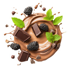 Circular chocolate milk splashing swirl with blackberry slices and leaves, isolate on white background. PNG.