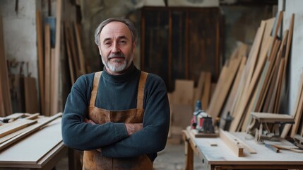 A middle-aged European carpenter stands confidently in his workshop, surrounded by tools and wood materials, showcasing his craftsmanship and dedication to the trade.