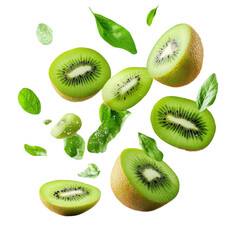 Fototapeta premium Kiwi fruit leaves flying mid-air, isolate on white background. PNG.