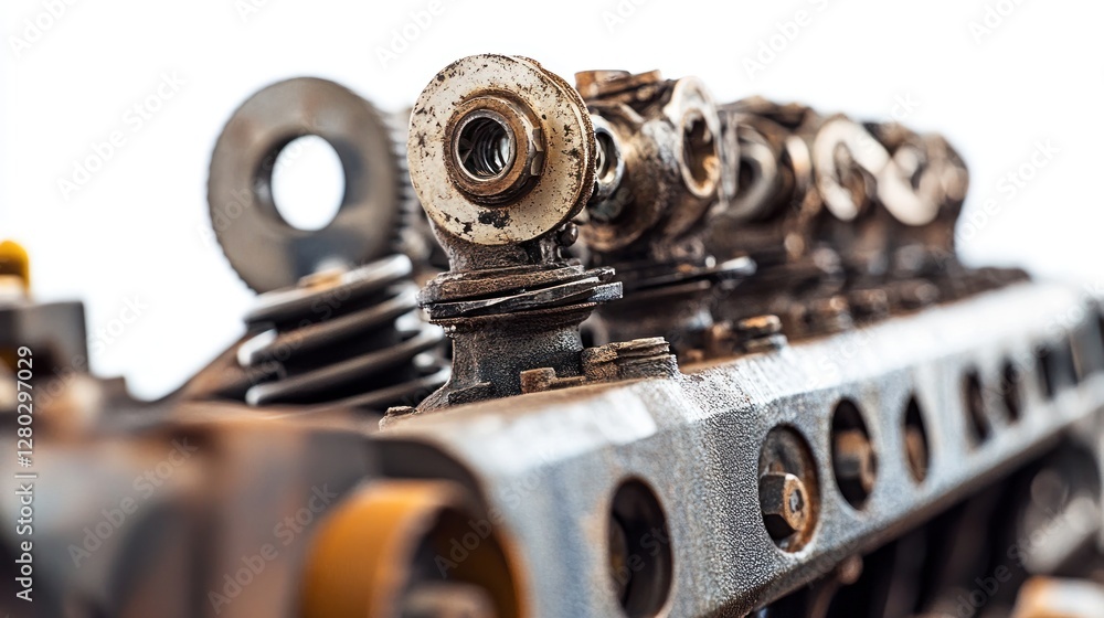 Fototapete close-up of a rusty, weathered engine block, showing intricate details of its components and wear.