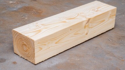 Rectangular Cut Wood Plank with Visible Grain and Knots On Concrete Surface