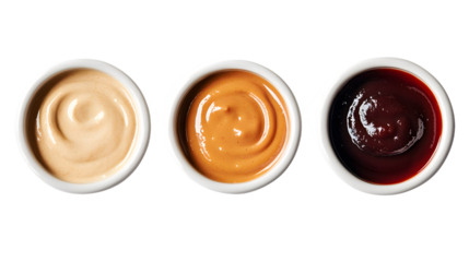 different sauces in bowls isolated on white background