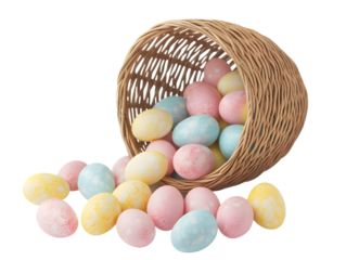 Pastel Easter eggs spilling from basket isolated on white background