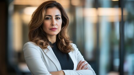 A confident middle-aged Middle Eastern woman stands with her arms crossed in a professional setting, exuding elegance and determination.