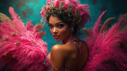 Stunning African Carnival Dancer Female with Feather Headdress Costume Posing for a Photo. Fictional Character Created By Generative AI