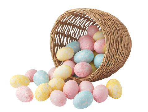 Pastel Easter eggs spilling from basket isolated on white background