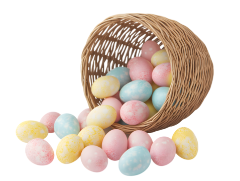 Pastel Easter eggs spilling from basket isolated on white background
