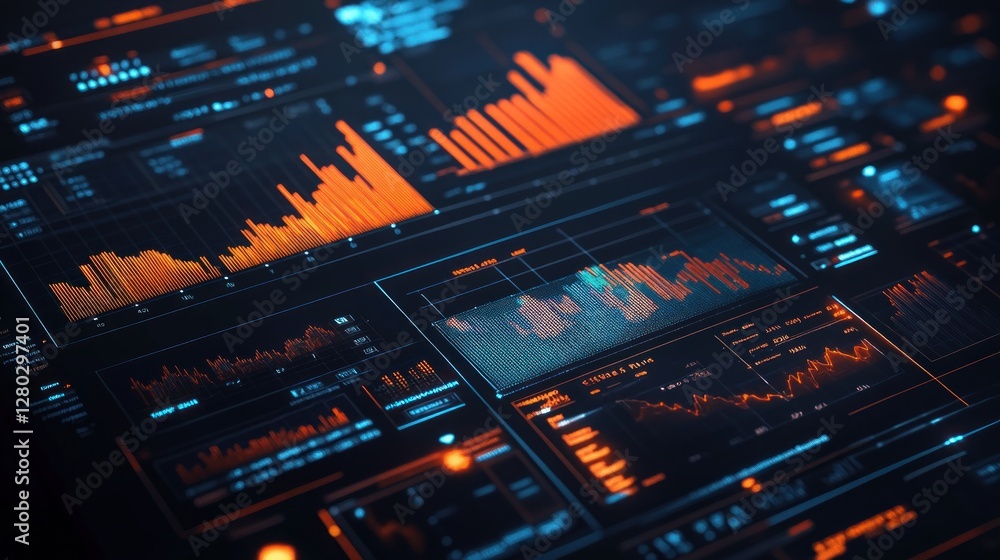 Poster close-up of a screen displaying numerous graphs and charts showing data analysis and market trends i