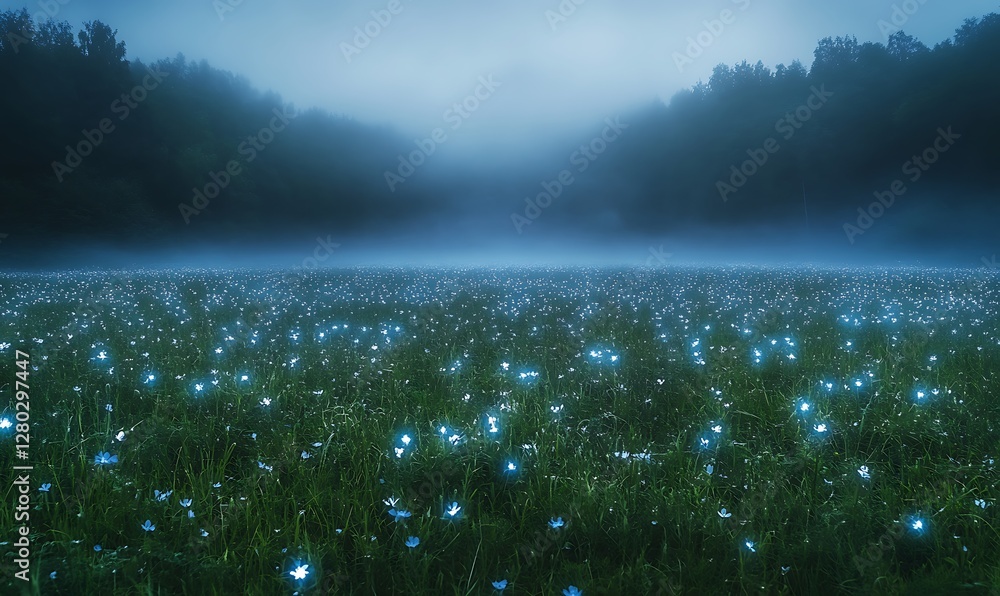 Aufkleber a serene image of mystical fog enveloping a vibrant field of wildflowers at dawn.