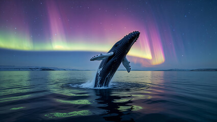 Fototapeta premium A Whale Breaching the Surface of a Calm Ocean with Majestic Motion and Water Splashes