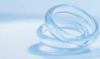 Fototapeta premium Two translucent blue glass rings on a light blue background.