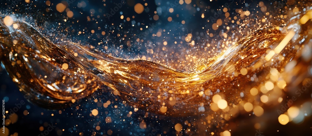 Poster Abstract golden wave with sparkling particles in a dark background creating a mesmerizing visual effect ideal for backgrounds or artistic projects