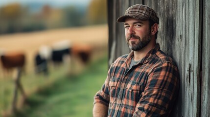A portrait of a male farmer leaning against a wooden structure, set in a serene countryside landscape with cattle grazing in the background. The image captures the essence of rural life.