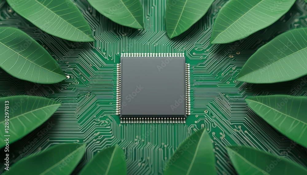 Poster globalization and environment concept. microchip surrounded by green leaves, symbolizing technology 