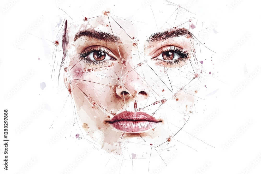 Poster botox injection points marked on a female face illustrated with detailed anatomical features. genera