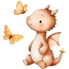 Baby dragon with butterfly summer illustration