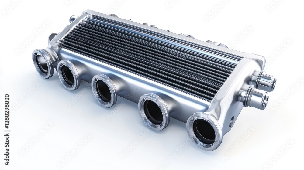 Aufkleber close-up of a shiny, metallic, industrial heat exchanger with multiple inlets and outlets, isolated 