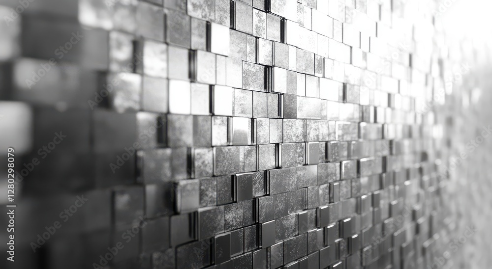 Poster abstract metallic wall with reflective surfaces creating a dynamic pattern of light and shadow for m