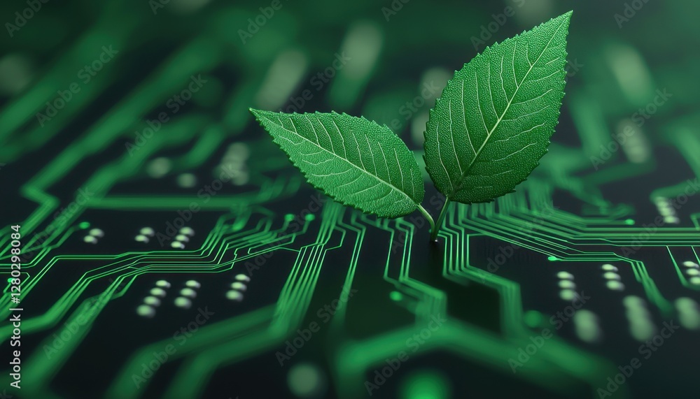 Poster globalization and environment concept. green leaves on a circuit board symbolize technology and natu