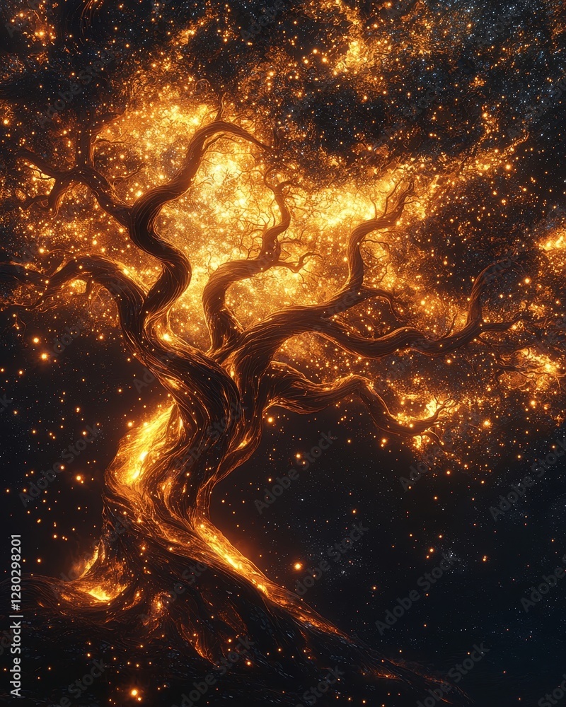 Aufkleber illuminated tree of life fantasy forest digital art ethereal environment close-up view nature concep