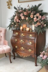 Elegant Floral Arrangement on Antique Chest of Drawers