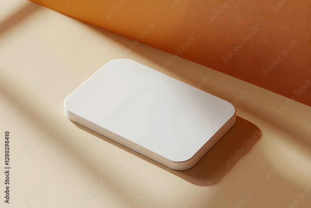 Poster a white rectangular object rests on a warm colored surface