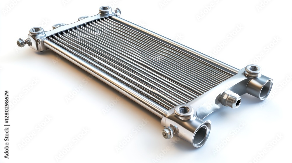 Aufkleber Close-up of a shiny metallic radiator with numerous fins and connection points, isolated on a white background.
