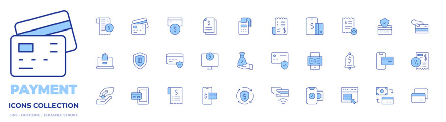 Payment icons collection. Line Duotone style, editable stroke. bill, card payment, contactless, credit card, credit card payment, file, mobile payment