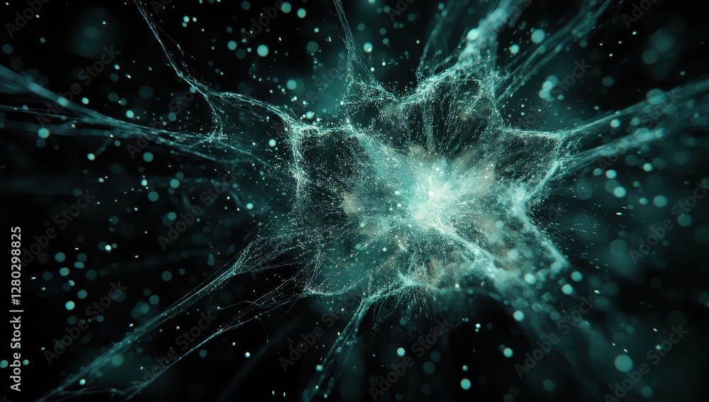 Poster abstract representation of energy waves in a dark space with star-like particles and glowing tendril
