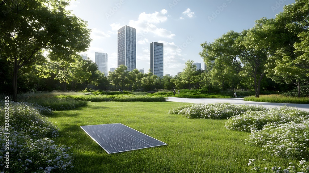 Poster a smart business district focused on achieving a net-zero carbon footprint.