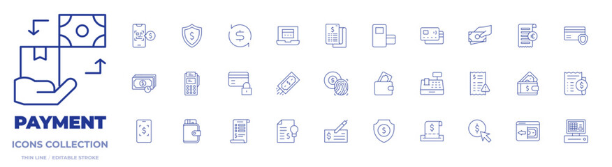 Payment icons collection. Thin Line icons, editable stroke. bill, cashback, cashier, credit card, invoice, money, online payment, payment, payment check, pos