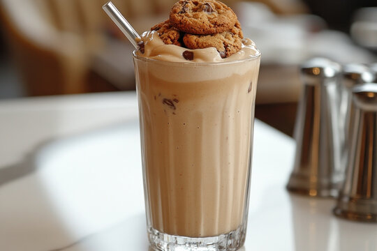 Glass of milk beside a cookie on a table.