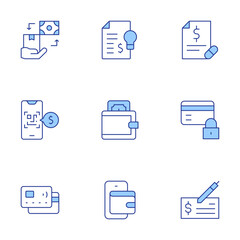 Payment icons set. Line Duotone style, editable stroke. credit card, digital wallet, invoice, pay, payment check, qr scan, receipt, wallet