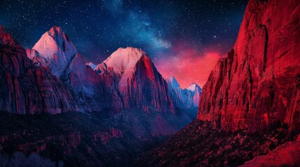 Fototapeta premium Majestic Mountains Under Starry Night Sky Surrounded by Red-Hued Canyons in a Dramatic Landscape