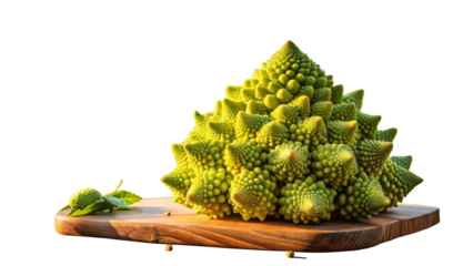 Fractal-patterned Romanesco with white transparent background, Sunlight illuminates its chartreuse spirals. Modern kitchen blur.  
