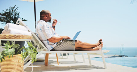 Swimming pool, vacation and black man with laptop, relax and resting with internet. African person, outdoor and entrepreneur with computer, weekend break and summer with connection and website info