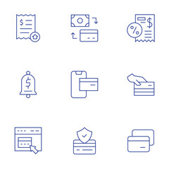 Payment icons set. Thin Line style, editable stroke. bill, card payment, credit card, notification, online shopping, payment, secure payment