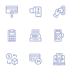 Payment icons set. Thin Line style, editable stroke. bill, cash register, credit card, insert coin, mobile phone, online payment, payment, sell