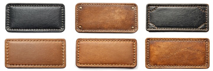 A row of leather patches with different shades of brown and black. The patches are sewn together to form a rectangle