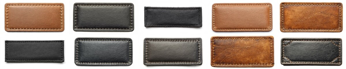 A row of leather patches with different colors and textures. The patches are arranged in a line, with some being darker and others lighter. Scene is one of variety and contrast