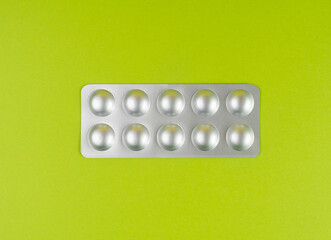 Pill Blister on Color Background, Silver Medicine Capsule Package, Drugs Packaging, Pill Pack
