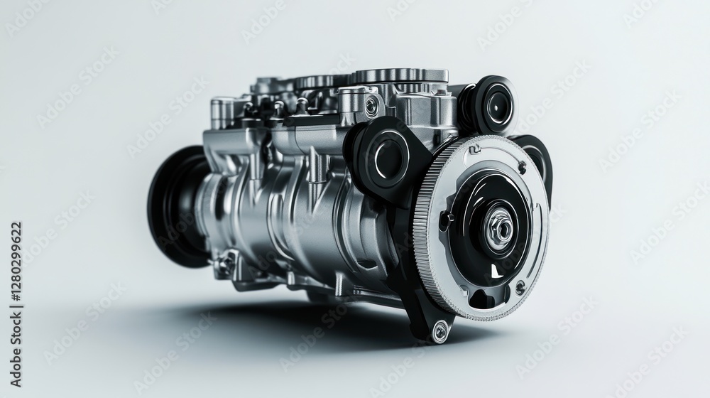 Poster close-up of a silver automotive engine component, showcasing intricate mechanical details and polish