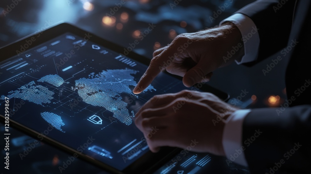 Poster man interacts with digital world map on tablet