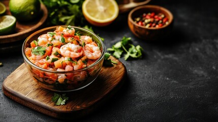 Fresh shrimp ceviche with lime, herbs, and spices served in a glass bowl.