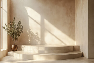 Plant in vase on white floor, bathed in sunlight.