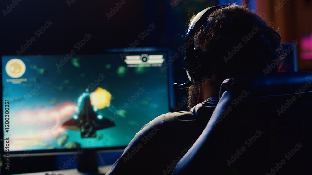 Poster man talking with friends online, shooting asteroids together in spaceship flying game with overlay h