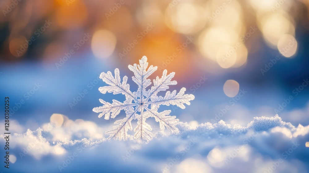 Poster close-up of a single, perfect snowflake resting on a snowdrift, backlit by a warm sunset.