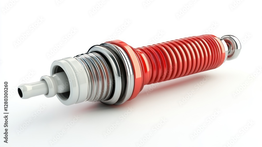Poster Close-up of a single red and silver spark plug isolated on white background.